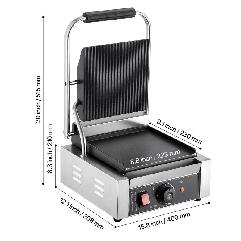 VEVOR Commercial Panini Press Grill Electric Sandwich Maker Griddle Plate 9"x9"