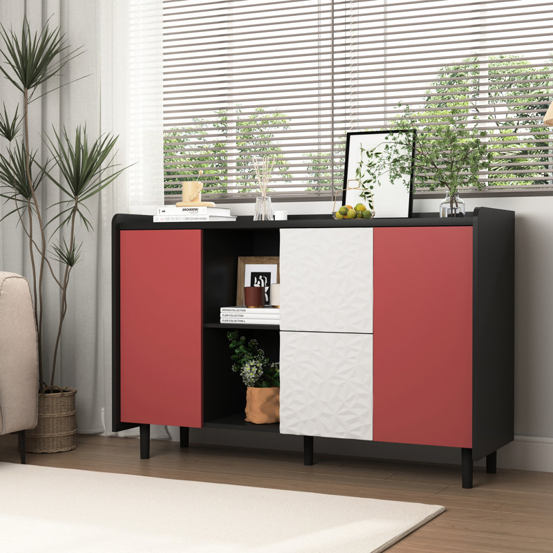 Armoire noire avec portes rouges et 2 compartiments ouverts pour portes de salle à manger, tiroirs et tablettes, buffet