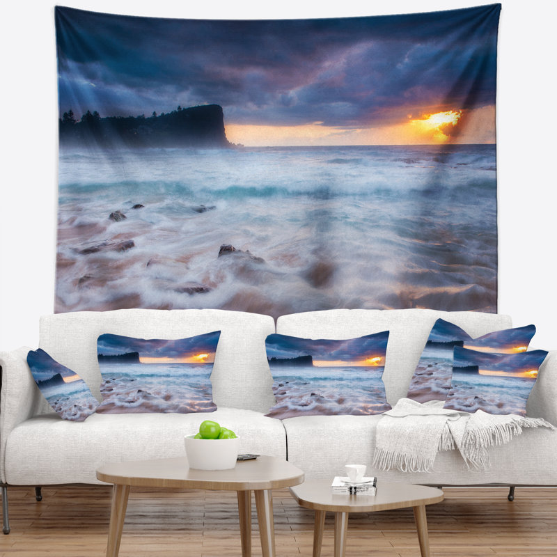Tapisserie Seashore Incroyable coucher de soleil avec vagues blanches, H 50 po x l 60 po