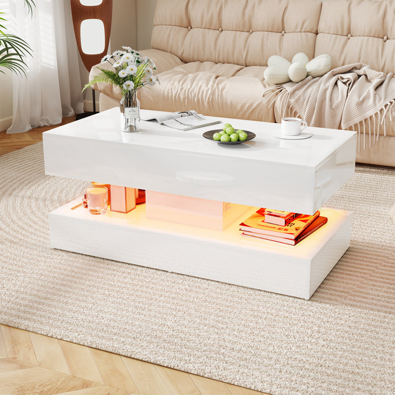 39.4” Modern Rectangular Coffee Table With Storage And Led Lights (white), White