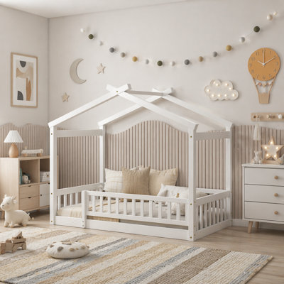 Twin Size Wood House Bed with Fence Guardrails for Safety