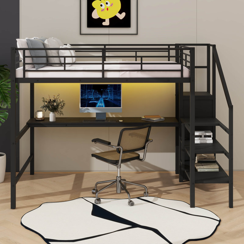 Lit mezzanine double avec bureau intégré et escalier de rangement, éclairage DEL et garde-robe compacte