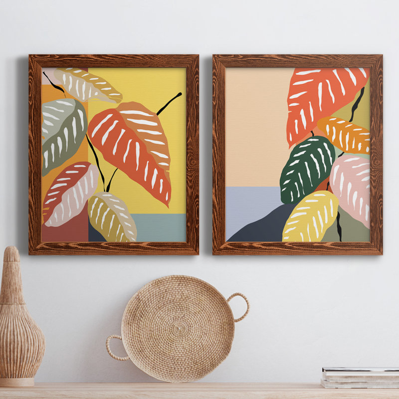 Plante tropicale I - ensemble de 2 peintures sur toile encadrées, Encadré de bois de noyer, H 24 po x l 36 po x P 1,5 po