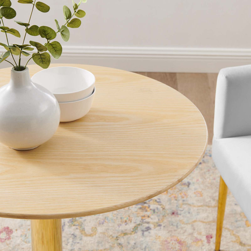 Mid-Century Modern Cherry Wood 28" Round Dining Table with Gold Pedestal