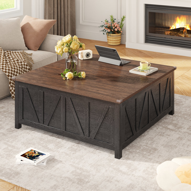 43.3" Farmhouse Lift Top Coffee Table With Hidden Storage, Square Rustic Wood Coffee Table With Hydraulic Lift Mechanism