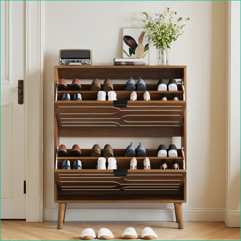 Shoe Cabinet, 31.5-Inch Walnut Brown Farmhouse with 2 Flip Drawers &amp; Anti-Tipping | Farmhouse | Hallway, Brown