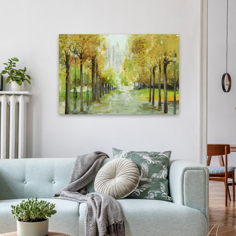 Golden Pathway, paysage, arbre, sentier, peinture, impressionnisme, art naturel, art contemporain, H 36 po x l 24 po