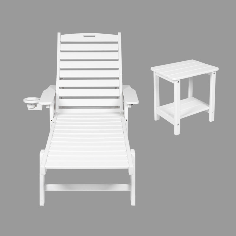 3-Piece Patio Lounge Chair Set With Side Table, Oversized Chaise Lounge With 5-Position Adjustable Backrest, HDPE, Cup Holders, Wheels (2 Chairs + 1 Table)