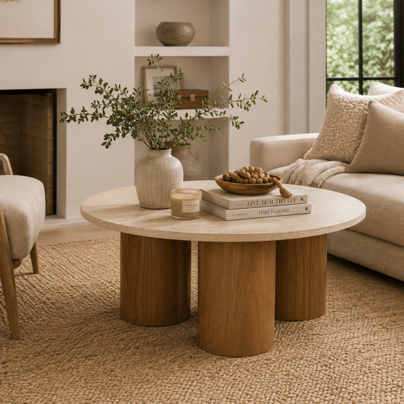 Table basse de salon en bois Cole et gris avec plateau en marbre beige