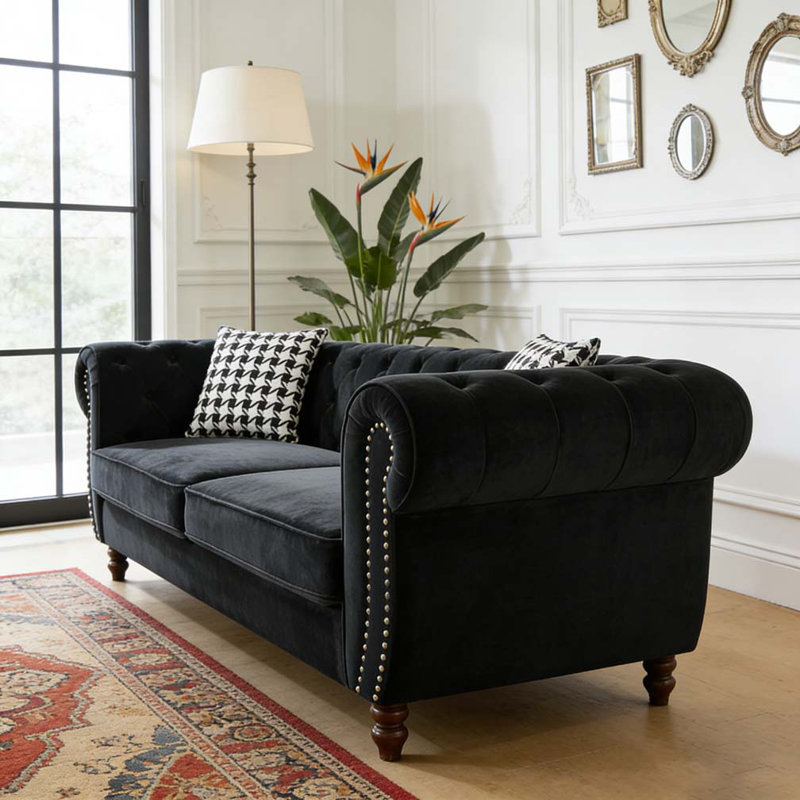Canapé 87 po en tissu d'ameublement Chesterfield, H 29 po x l 87 po x P 33 po, 3, Noir
