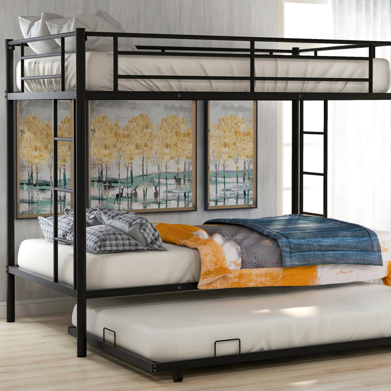 Lit superposé simple au-dessus d'un lit simple avec lit gigogne, structure en métal durable, garde-corps à lattes et roulettes à glissement facile pour une utilisation sécuritaire et efficace de l'espace