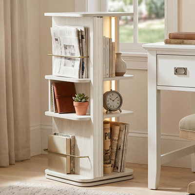 3 Tier Rotating Bookshelf Tower,360° Walnut Spinning Bookshelf w/LED Lights,Corner Revolving Bookcase with 14" Lazy Susan for Small Spaces,Wood Vertical Book Shelf Organizer for Bedroom Living Room