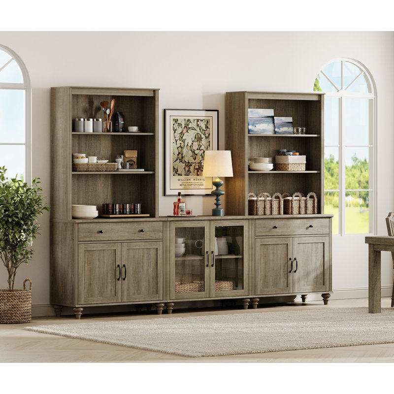 Sideboard Cabinet With Bar Hutch, Buffet Cabinet With Two Wood Doors, Two Glass Doors And Two 3 Tier Shelves, Wash Gray, 101''