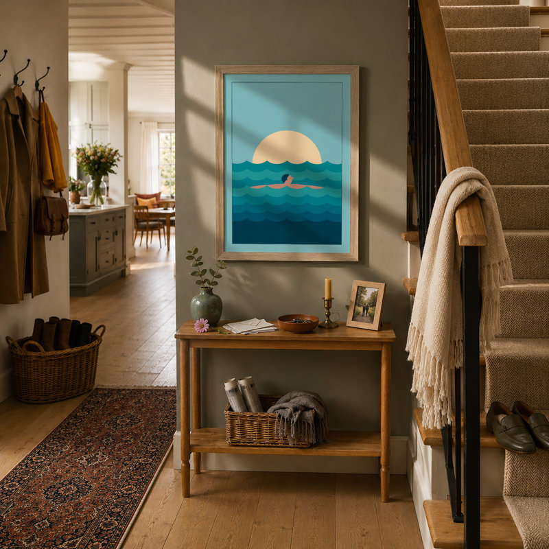 Swimmer In Blue Tides Coastal - Print, A1 - 84.1 x 59.4 cm, Oak