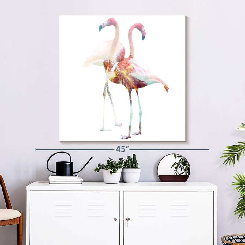 Couple tropical flamant rose, H 33 po x l 33 po