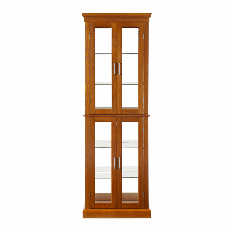 Cabinet Lighted Diapaly Cabinet With Adjustable Shelves And Mirrored Back Panel, Tempered Glass Doors, Brown
