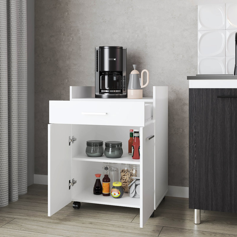 Chariot de cuisine de couleur blanche avec 2 portes et 1 tiroir, option de rangement pratique, roulettes pour la mobilité, fabrication de panneaux de particules, 32,4 po de hauteur, 17,68 de largeur, 23,11 de profondeur et deux de profondeur