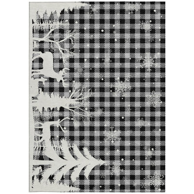 10' X 14' Gray Black And Ivory Plaid Washable Indoor Outdoor Area Rug