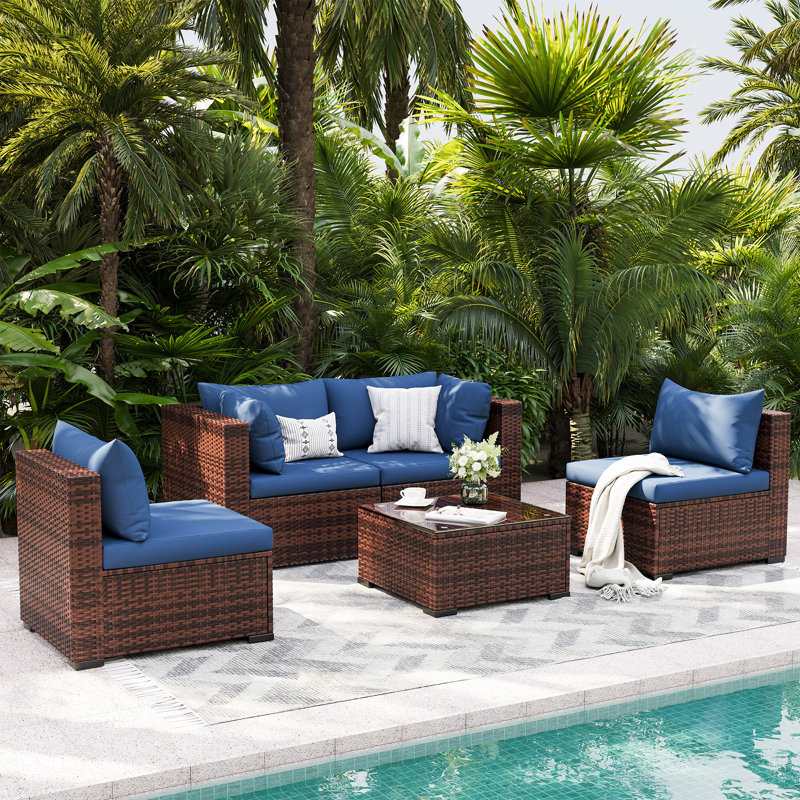 Ensemble de conversation modulaire en rotin PE pour l'extérieur, ensemble de mobilier de patio 5 pièces avec structure en acier, canapé modulaire d'extérieur avec table basse pour terrasse sur le balcon arrière