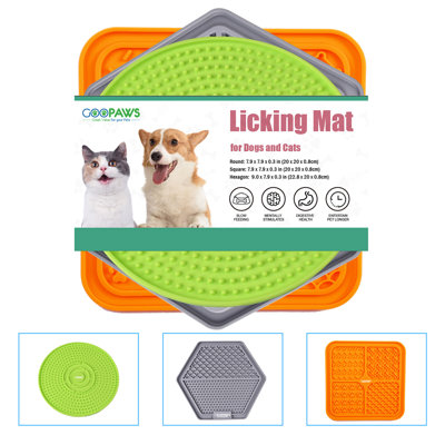 GOOPAWS: Licking Mat 3 Pack - Orange, Grey, Green - Dog & Cat Slow Feeding Textured Pads, Food Grade Silicone, Spread Food & Treats, Pet Soothing