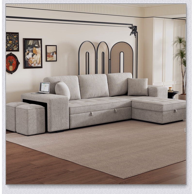 Canapé modulaire réversible en L, canapé-lit avec méridienne de rangement et 2 tabourets, Chenille crème