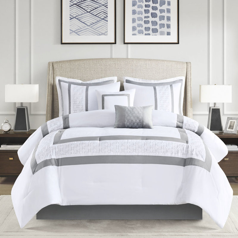 Édredon 8 pièces pour très grand lit - Style élégant, rembourrage de style transitionnel brodé,, Gris