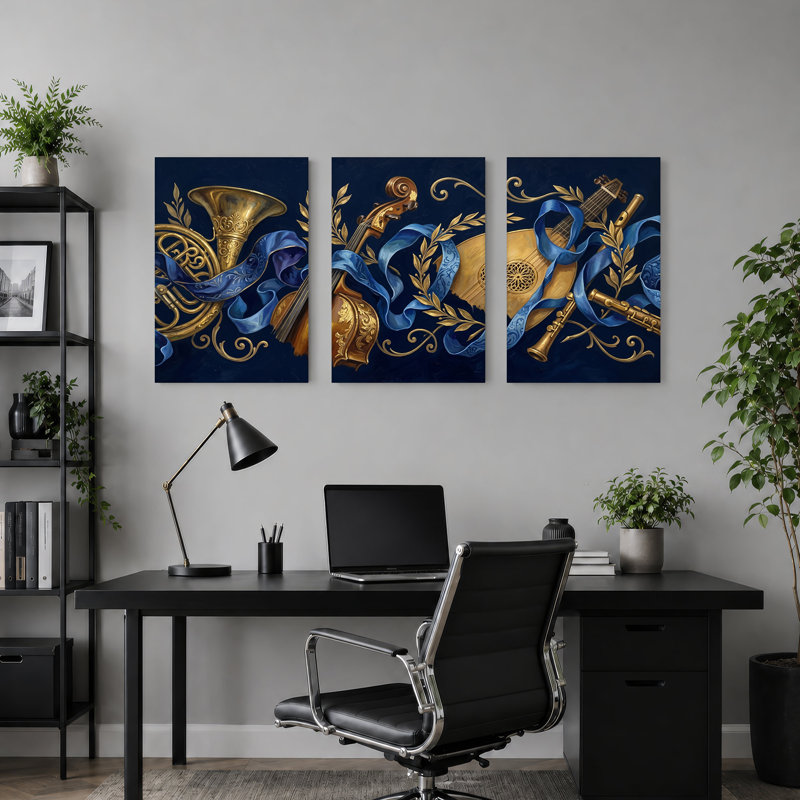 Ensemble de 3 toiles murales dorées, luth doré et cor français avec rubans bleus, H 18 po x l 12 po x 3 pièces