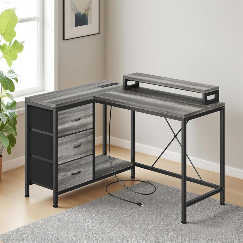 L Shaped Office Desk with Power Outlets, Computer Desk with Drawers, Shelves, for Gaming, Corner Work, Home Office, Study