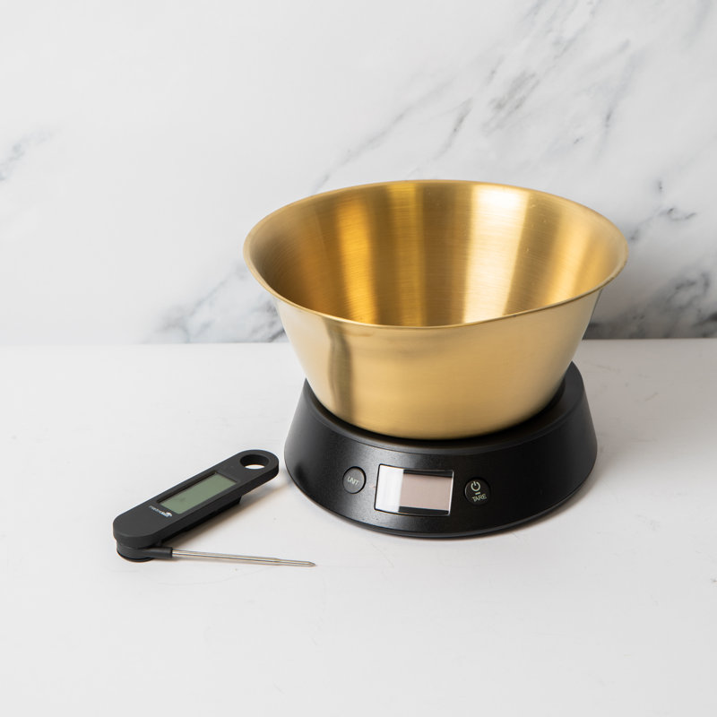 MasterClass 2pc Kitchen Tool Set Including 5kg Scale with Brass Finish Bowl & Digital Thermometer