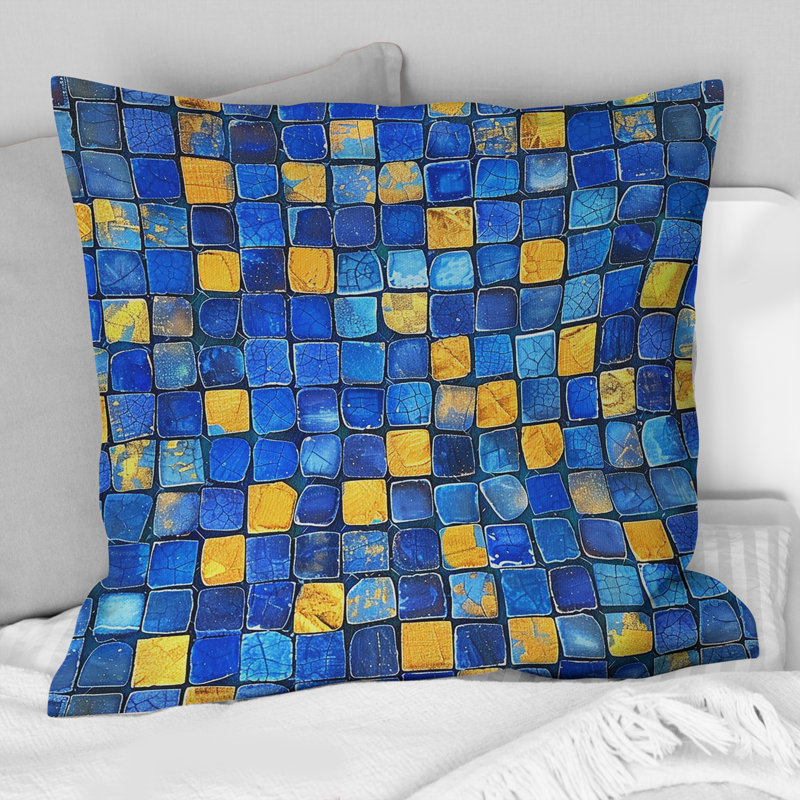 Carreaux de mosaïque bleu et jaune I - Coussin décoratif moderne, H 16 po x l 16 po
