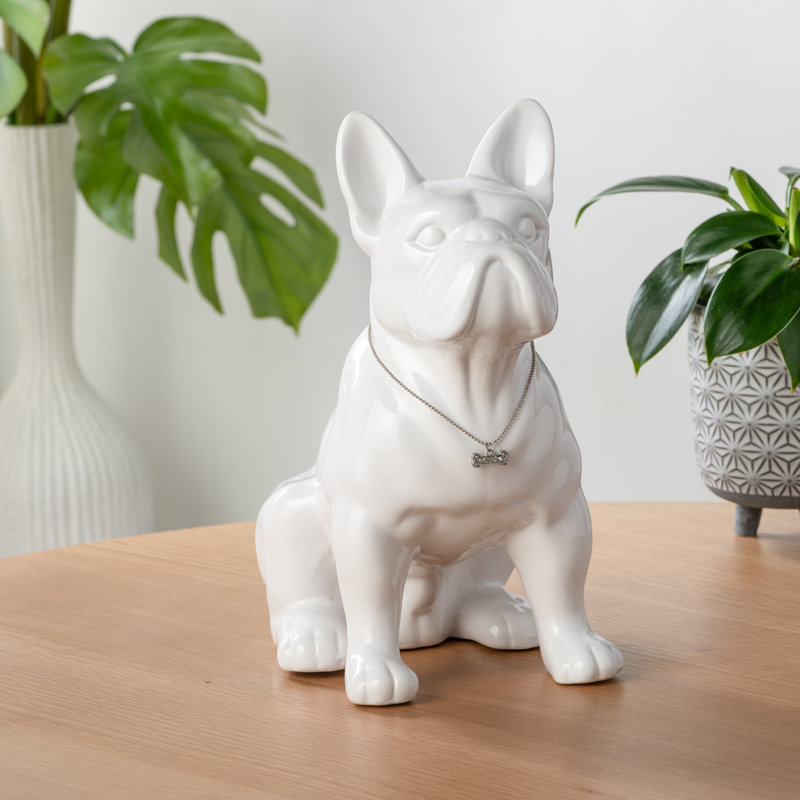 Zermeno Glam Ceramic White French Bulldog Sculpture, White