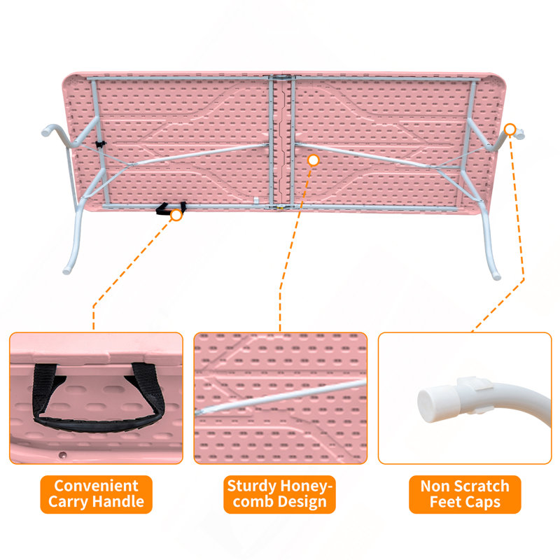 Table pliante rose 8 pi, table en plastique portable pour le camping, les pique-niques, les fêtes, table pliable