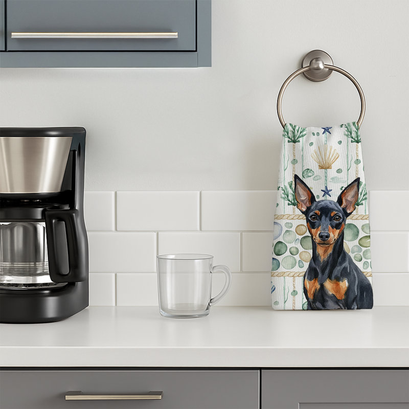 Black and Tan Miniature Pinscher Coastal Sea Glass Kitchen Towel, Black and Tan Miniature Pinscher