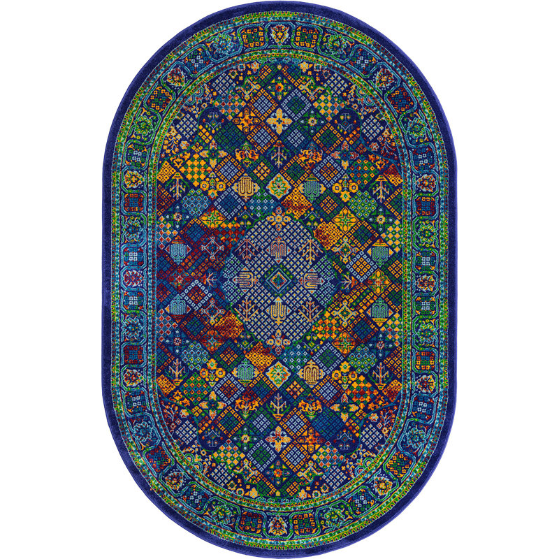 Tapis ovale oriental bleu marine / bleu / jaune, Ovale 5 pi 3 po x 8 pi