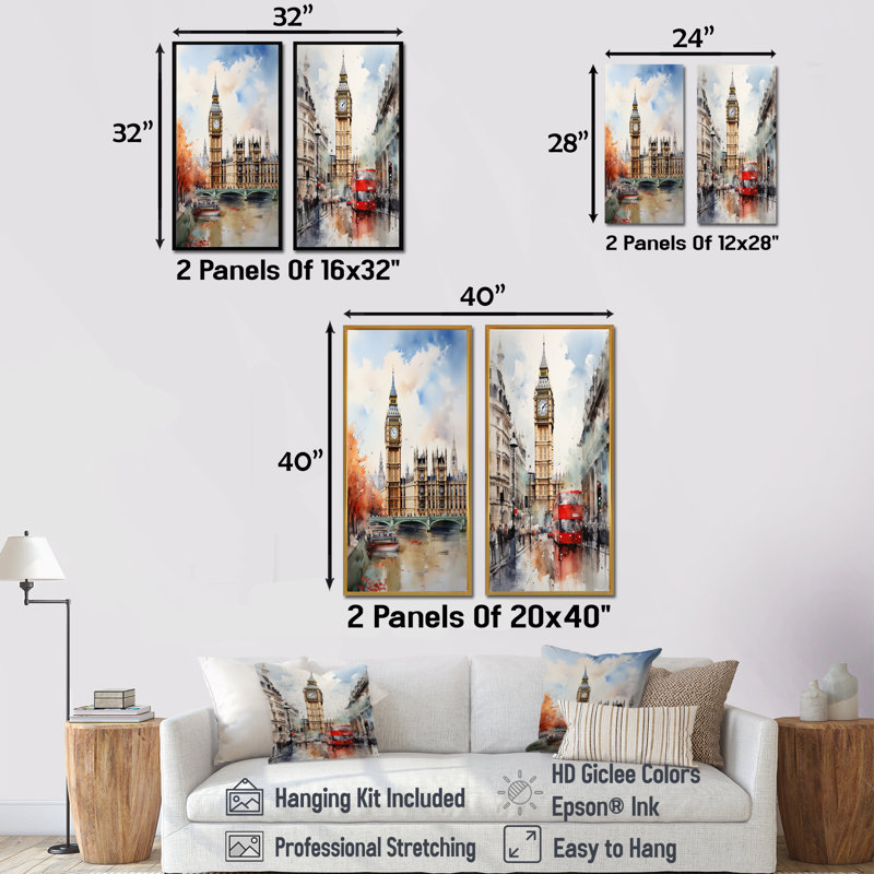 Big Benlondon Skylines I - London Skyline, ensemble de 2 impressions sur toile, Cadre noir, H 32 po x l 33 po