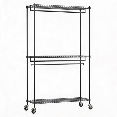 Portant à vêtements robuste et autoportant - Étagère de rangement réglable à 3 niveaux - Tringles doubles, crochets latéraux, roulettes - Organisateur de vêtements portable, noir