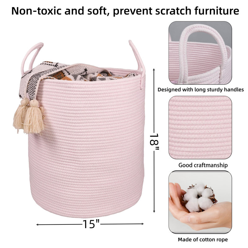 Cotton Rope Laundry Basket Hamper For Girls Kids Baby Nursery Hamper Bin Woven Storage Basket For Living Room Girls Room Boho Tall Rope Baskets For Blanket Toys Large Light Pink