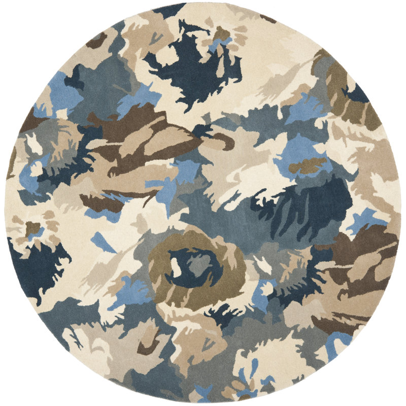 Tapis beige / bleu en laine touffeté à motif abstrait Whirwind, Rond 8 pi