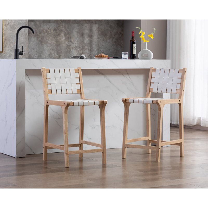 Tabouret de bar et de comptoir en bois massif Pangita, Blanc / cadre en bois original