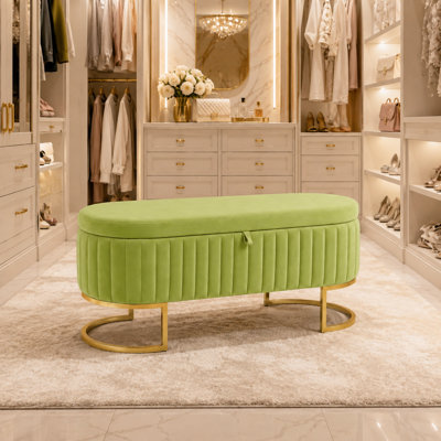 Banc de rangement en velours pour grand lit, repose-pieds ovale vert olive de 46 po