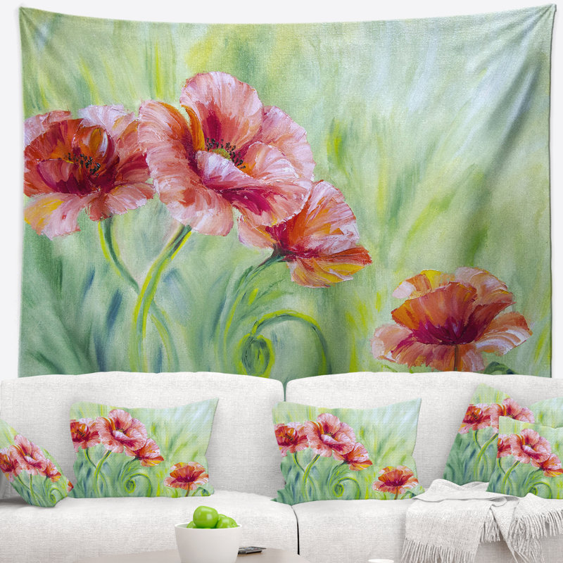 Tapisserie rouge pâle de coquelicots Floral, H 32 po x l 39 po