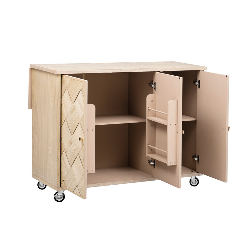  Îlot de cuisine 51,2 po avec abattant, placage de bois de frêne massif, chariot de cuisine à roulettes Coastal avec support de rangement, bois naturel