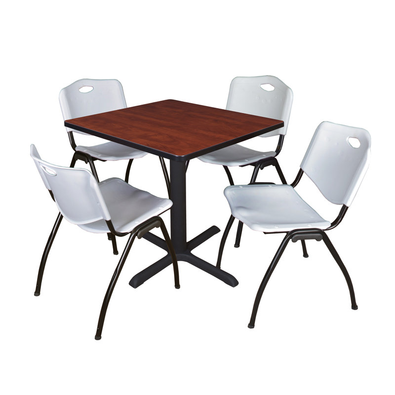 Cain Square X-Base Breakroom Table & 4 M Stack Chairs, Cherry