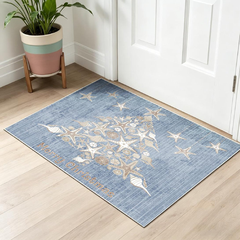 Tapis bleu lavable à la machine à motif arbre de Noël bleu sable pour plage tropicale Southern Southern