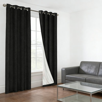 Blackout Linen Curtains, Thermal Textured, Grommet With White Liner, 84 Inches Long, 2 Panels, Black