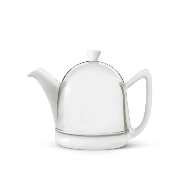 Théière en céramique / acier inoxydable Obryant, Argent avec poignée blanche, H 5,6 po x l 6,8 po x P 9,3 po