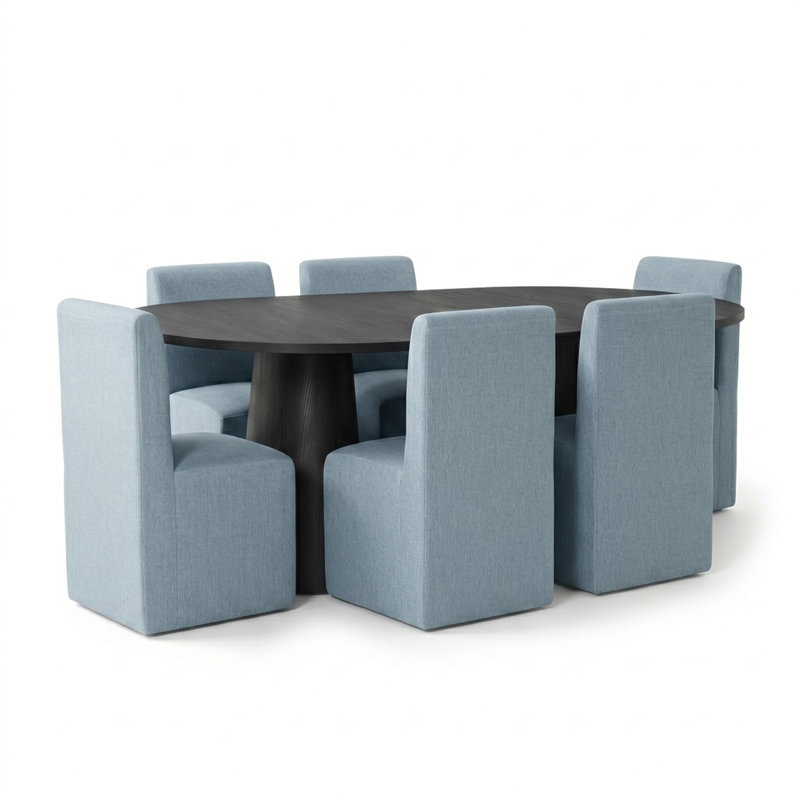 Ensemble de table de salle à manger extensible 47 "à 83" avec chaises en mélange de lin, 7 pièces : table, 6 chaises, Bleu