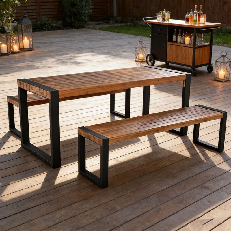 3-pieces Outdoor Dining Table With 2 Benches