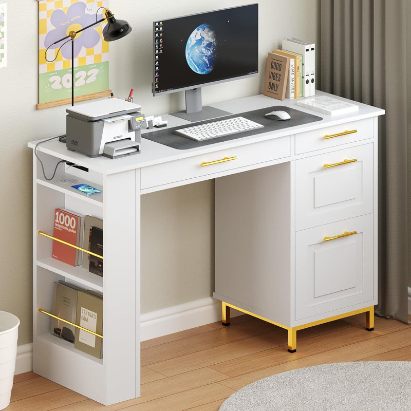 48 Inch Home Desk with Gold Handle Drawer and Power Outlet Computer Desk with Storage Shelf, White
