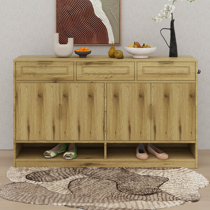 Farmhouse Sideboard With 3 Drawers & 4 Doors, Multi-Functional Storage Buffet With Adjustable Shelf And Open Storage Compartments